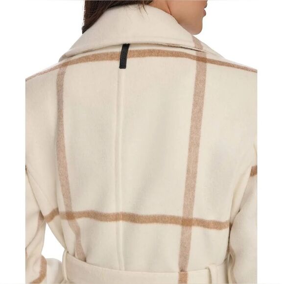DKNY Notch Collar Belted Wrap Cream and Tan Plaid Classic Trench Coat - Picture 3 of 5